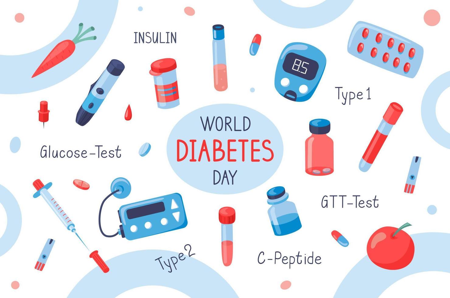 World diabetes day background with glucometer and pills. Hand drawn vector illustration for awareness about mellitus.