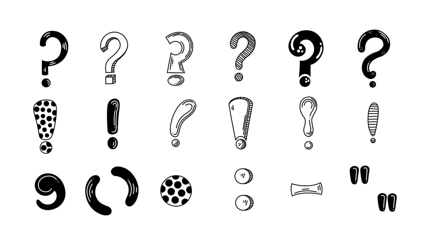 Punctuation marks icons. Set of black double symbols for citation, chat, dot, exclamation and comma doodle illustration on white background. Vector. vector