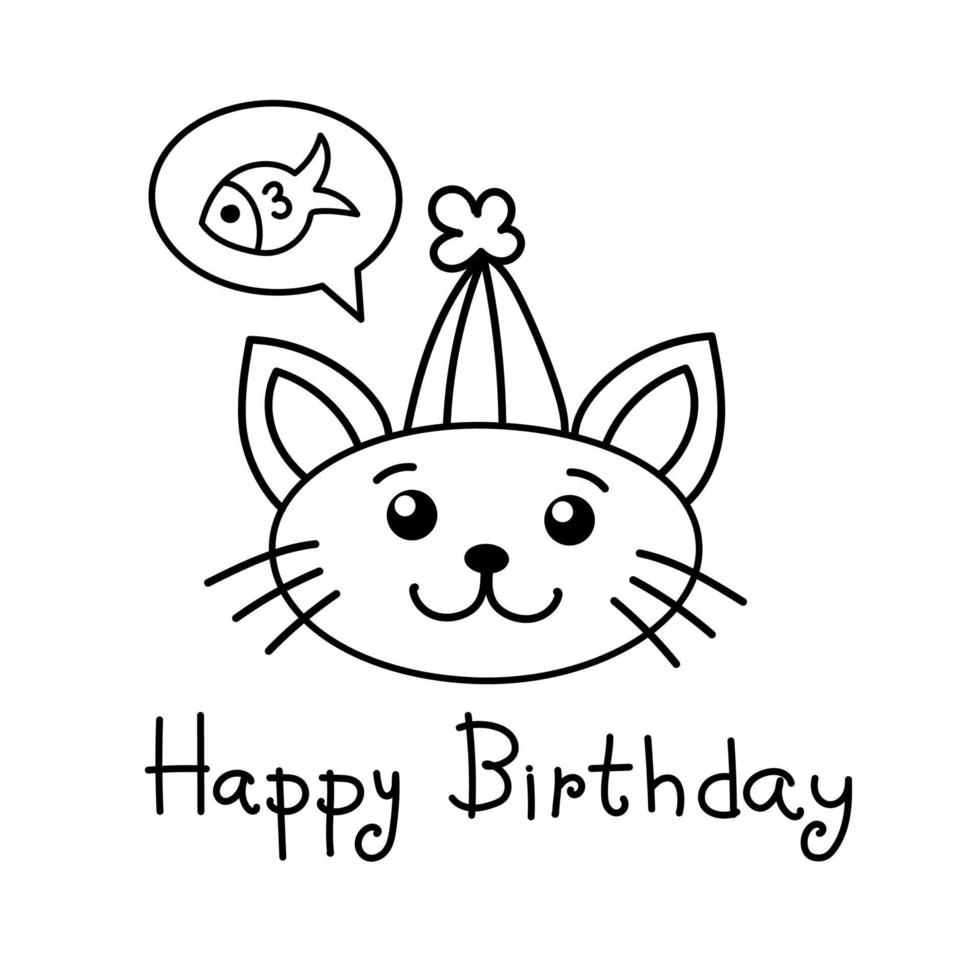 tarjeta de cumpleaños con un gato. un lindo gato sueña con un pez. ilustración vectorial fiesta de cumpleaños vector