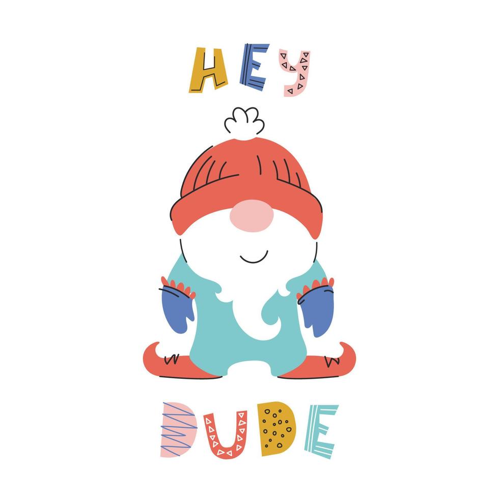 Adorable cartoon dwarf and hey dude hand-drawn phrase vector