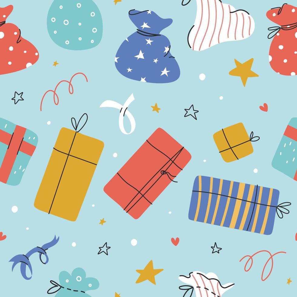 Seamless vector pattern with hand-drawn giftboxes, surprise bags and presents for party designs and packaging