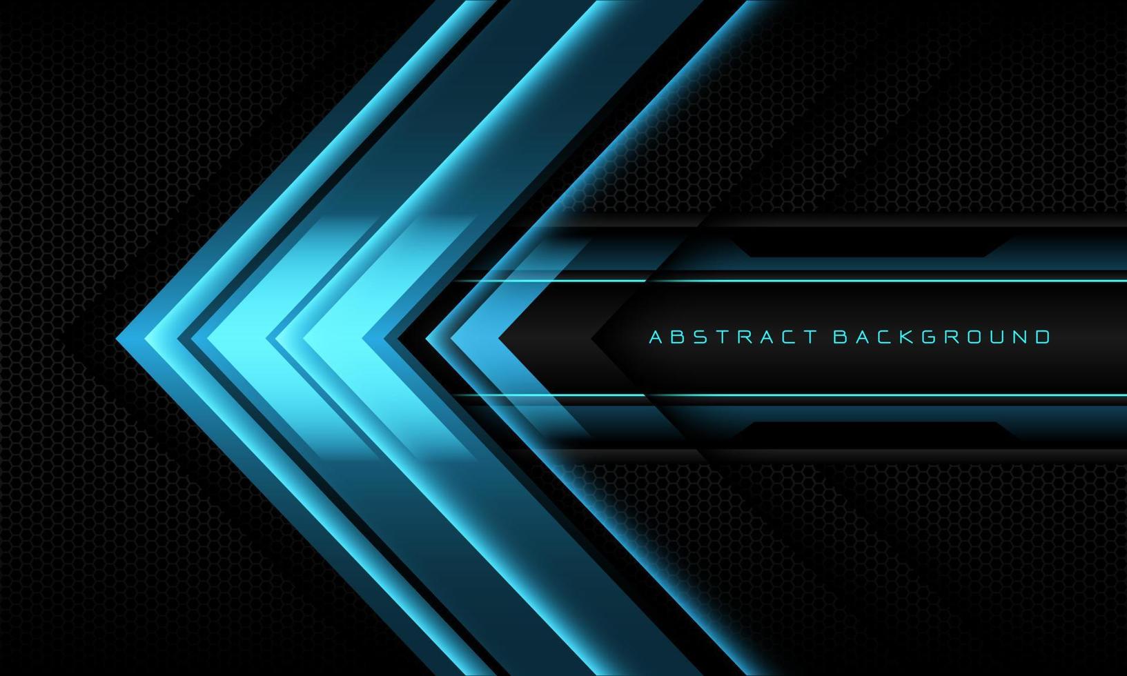 Abstract blue arrow black cyber geometric line banner on black hexagon mesh pattern design ultramodern luxury futuristic technology background vector