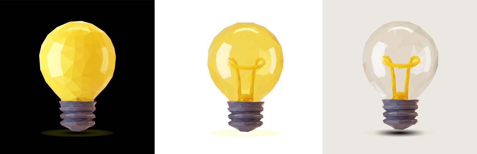 Yellow 3D low poly light bulb model. Polygon light bulb vector illustration on black background.