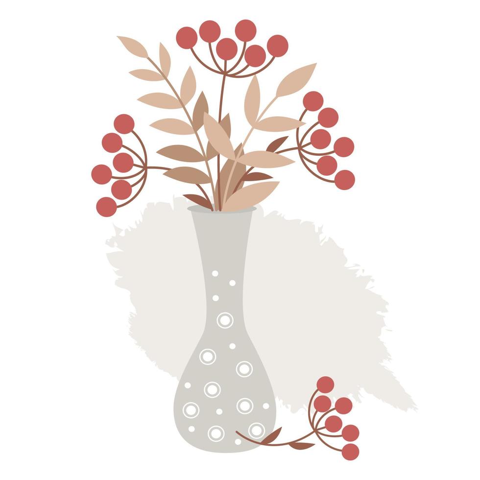 jarrón con ramo de frutos rojos y hojas. montón de ramas de serbal y otoño con hojas. ilustración vectorial vector