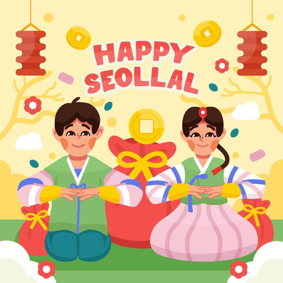 Young Korean Couple Celebrating Seollal vector