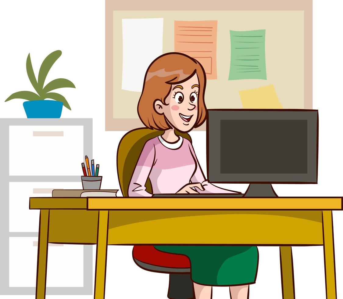 Business woman at the desk is working on the laptop computer. vector