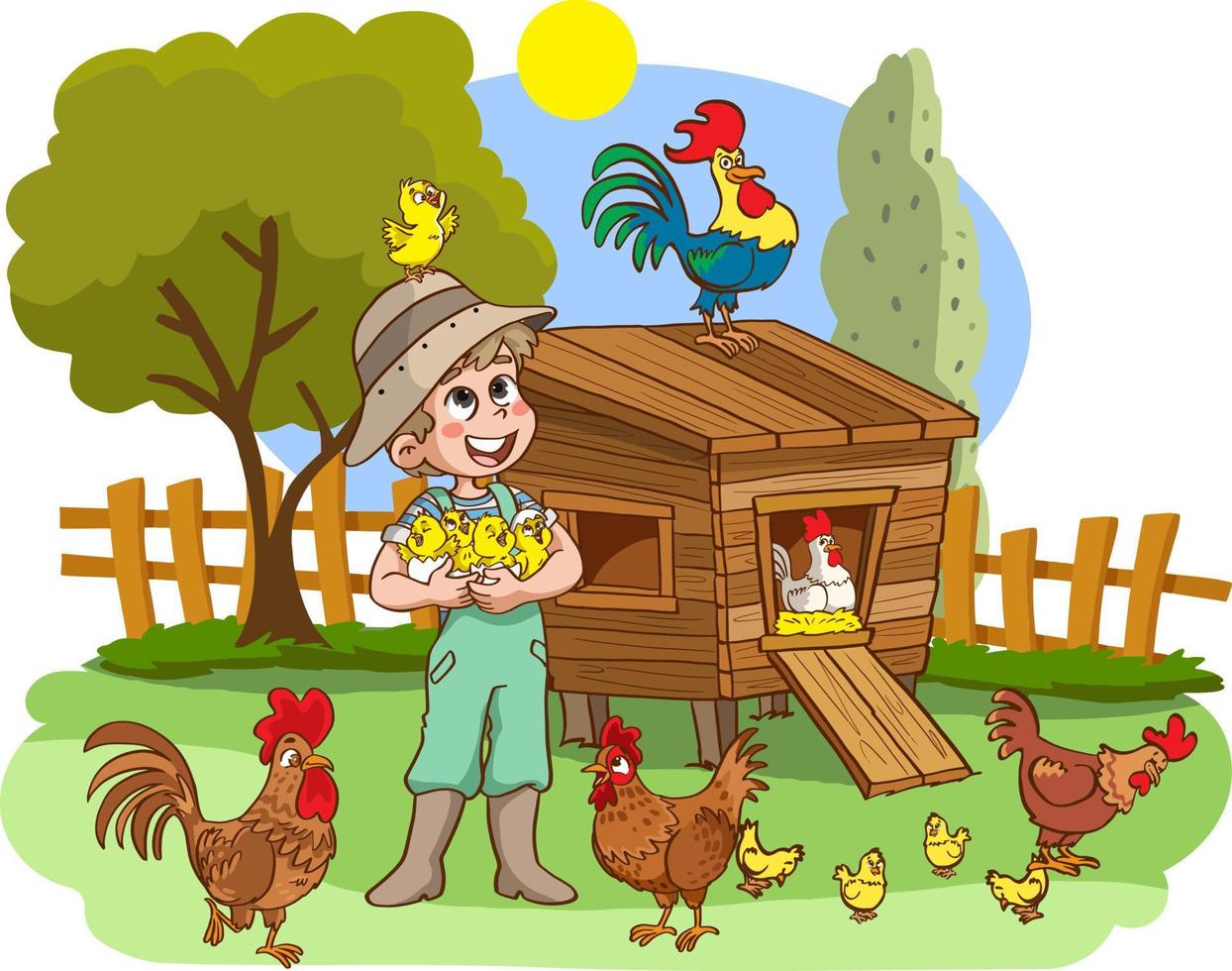 cute boy loving chicks in coop vector