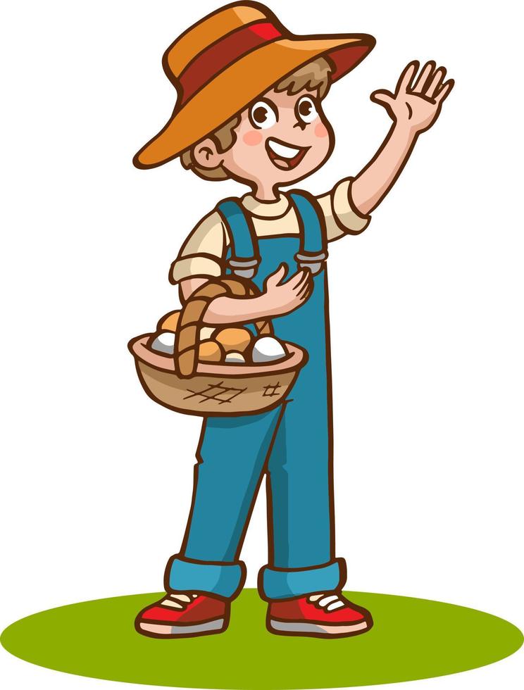 Cute boy holding a basket of fresh eggs. Flat vector cartoon design