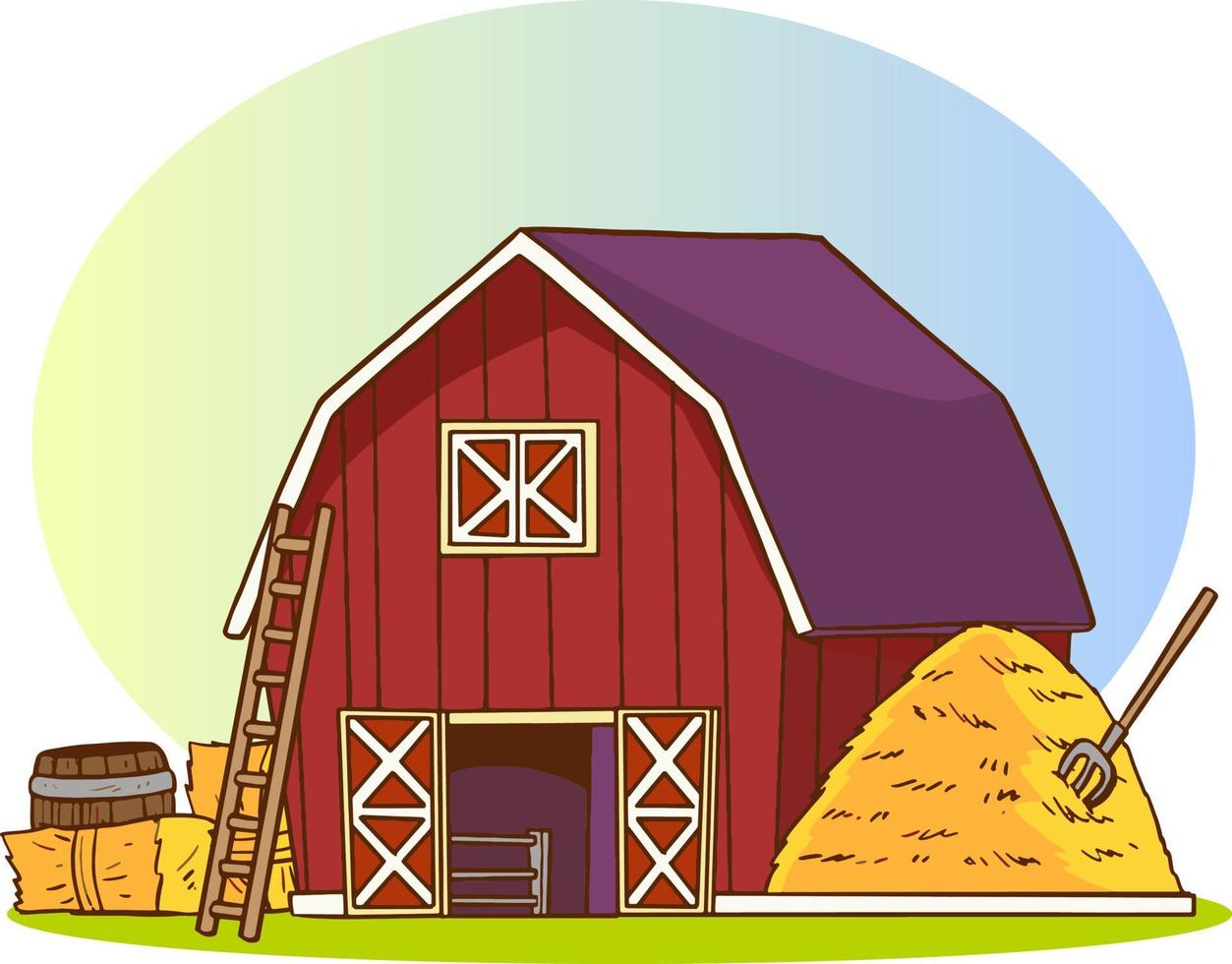 Cute farmhouse red house on a white background in cartoon style. Vector illustration with stable and barn.