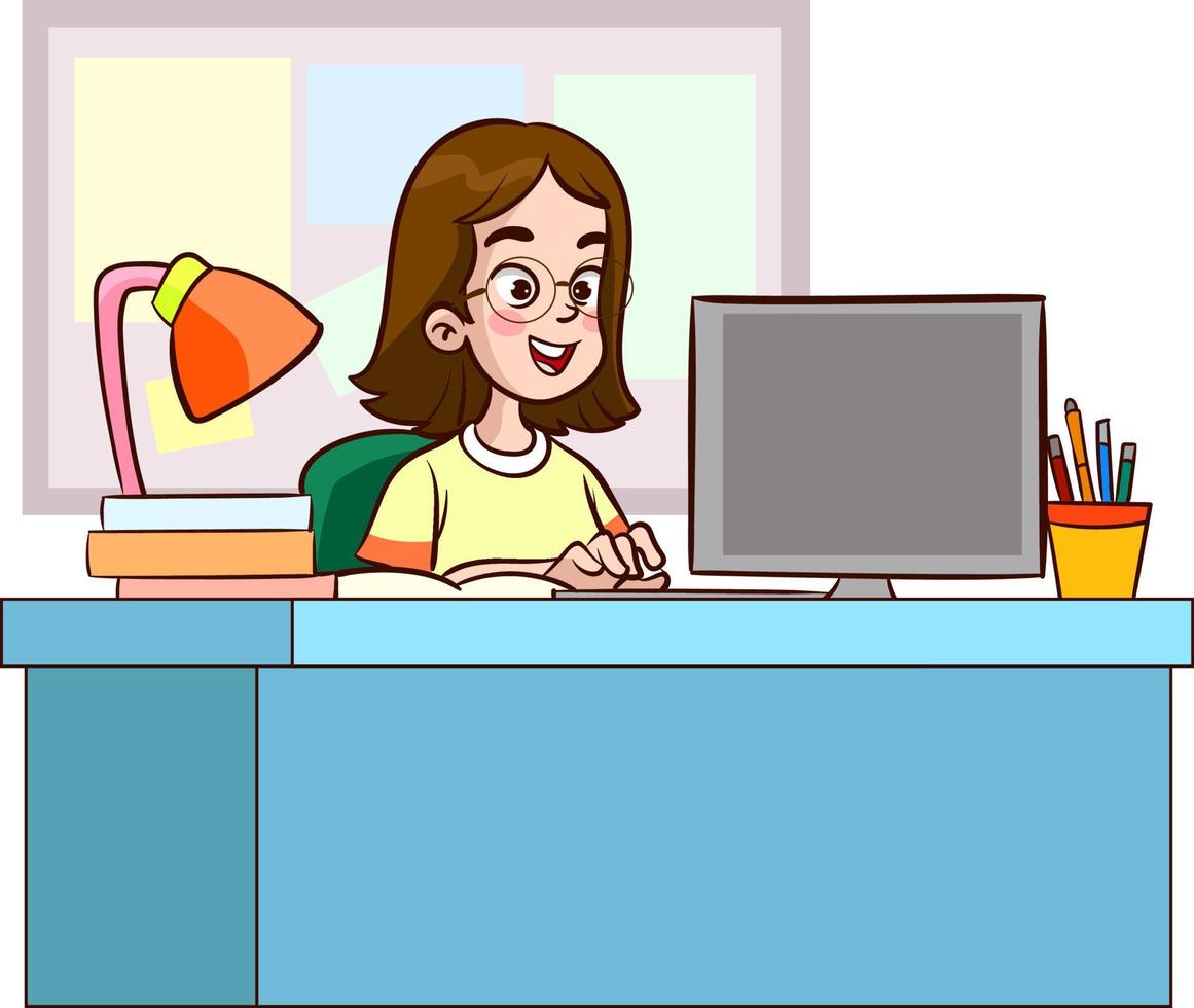 Business woman at the desk is working on the laptop computer. vector