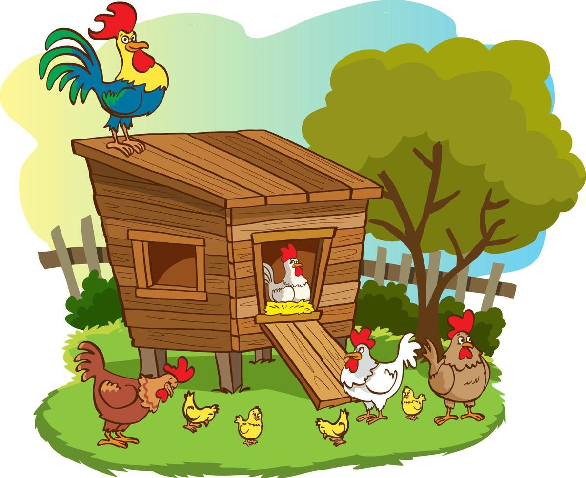 Henhouse with cute hens, chicks and rooster in summer landscape vector illustration cartoon style