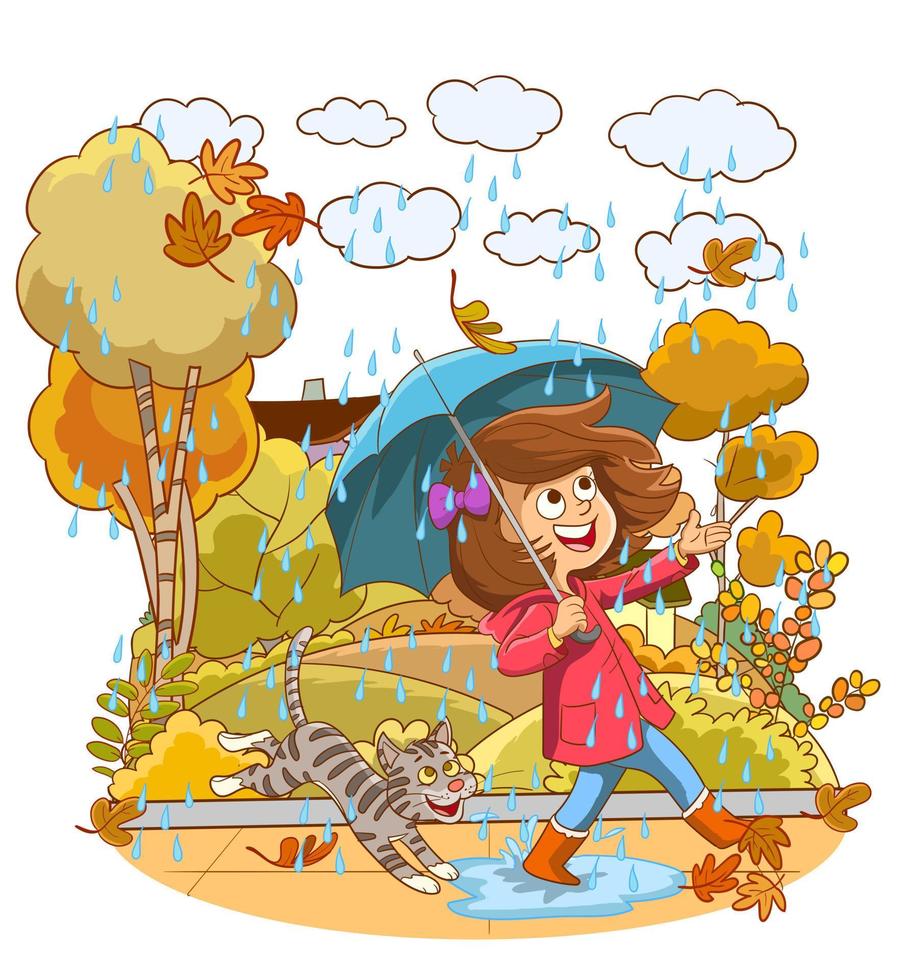 happy kids autumn vector illustration.girl and her cat walking with umbrella in the rain.