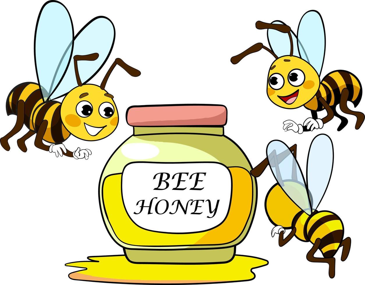 lindas abejas y tarro de miel vector