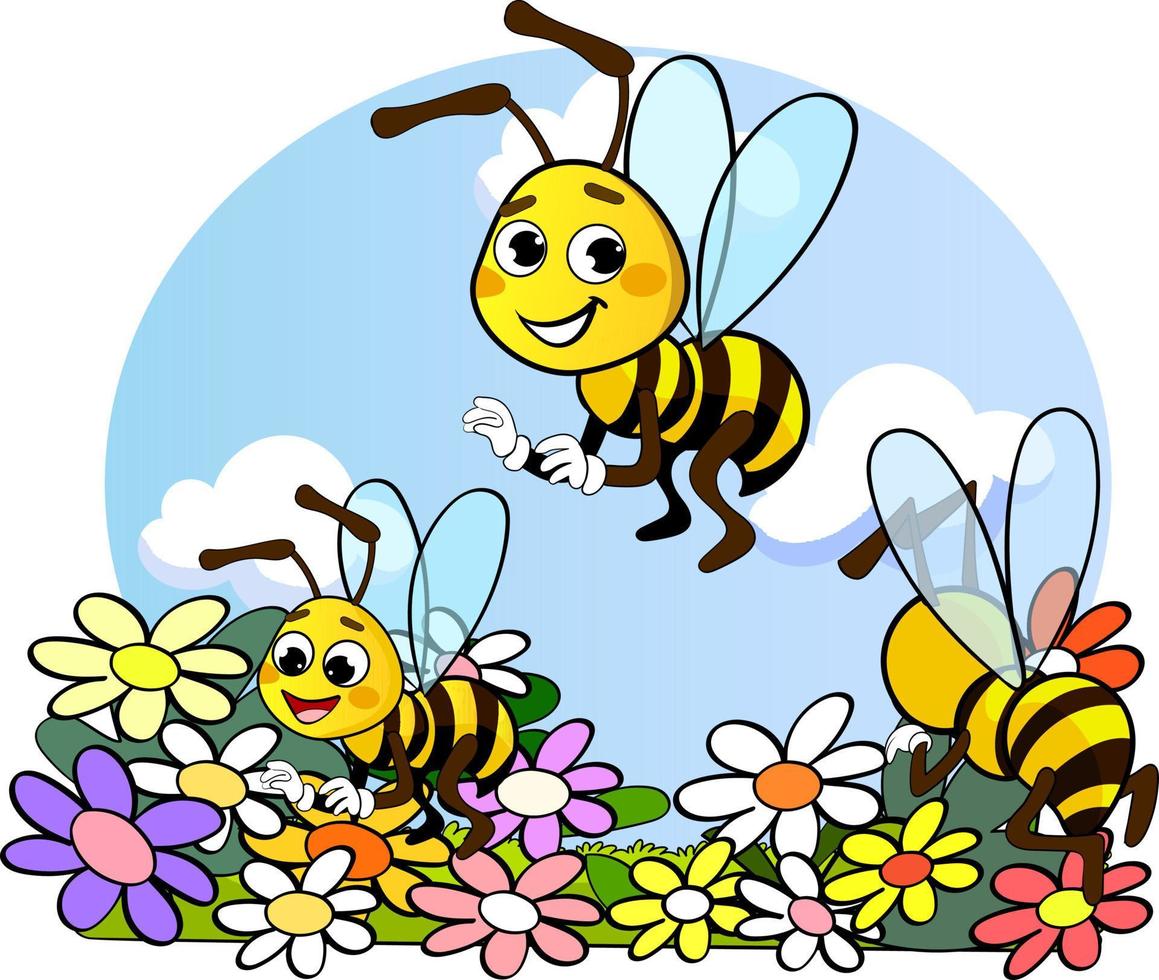 lindas abejas recolectan miel de las flores vector