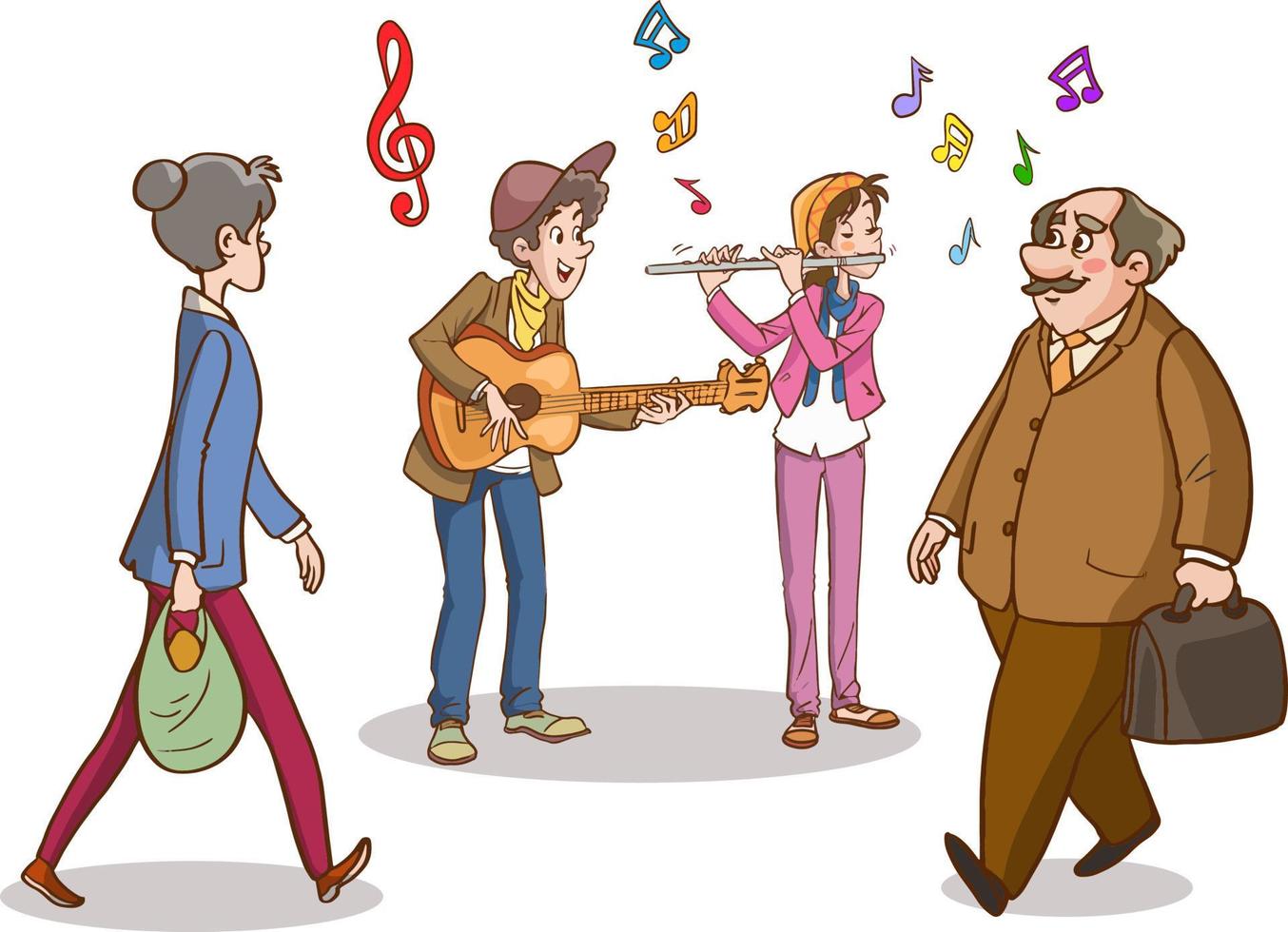 Group of street musicians, cartoon characters playing music, flat vector illustration isolated on white background. City streets performance or show, modern urban lifestyle scene.