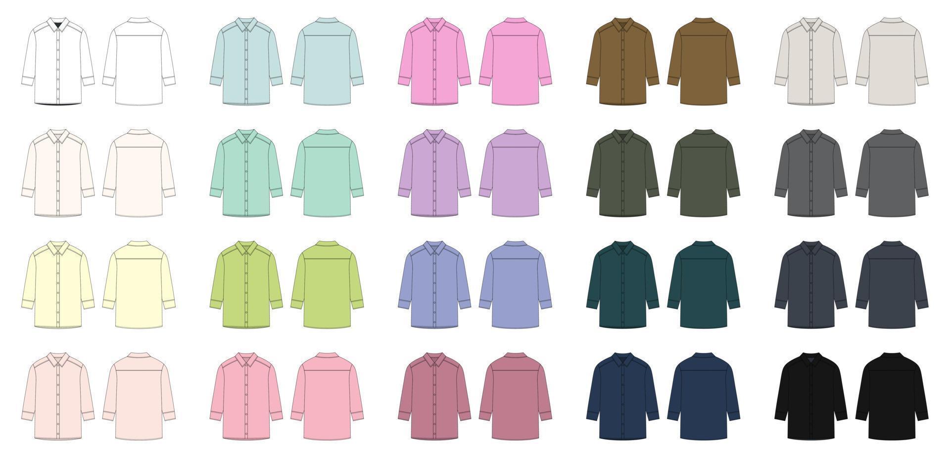 Set of oversized shirt with long sleeves and buttons technical sketch. Unisex casual shirt mock up multicolored collection. vector