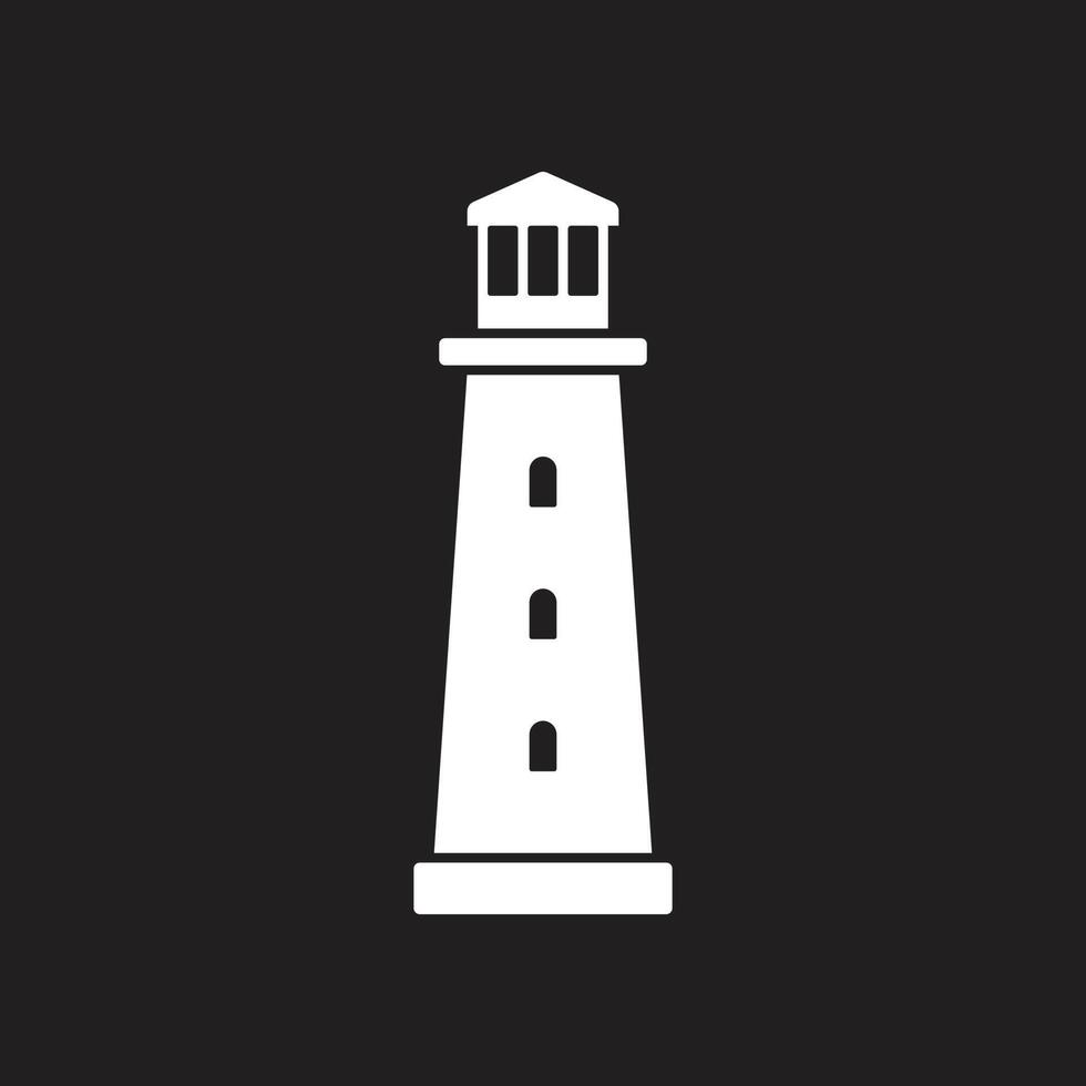 eps10 icono de edificio de torre de faro de vector blanco aislado sobre fondo negro. símbolo de la costa de la playa de la isla de los reflectores en un estilo moderno y plano simple para el diseño de su sitio web, logotipo y móvil