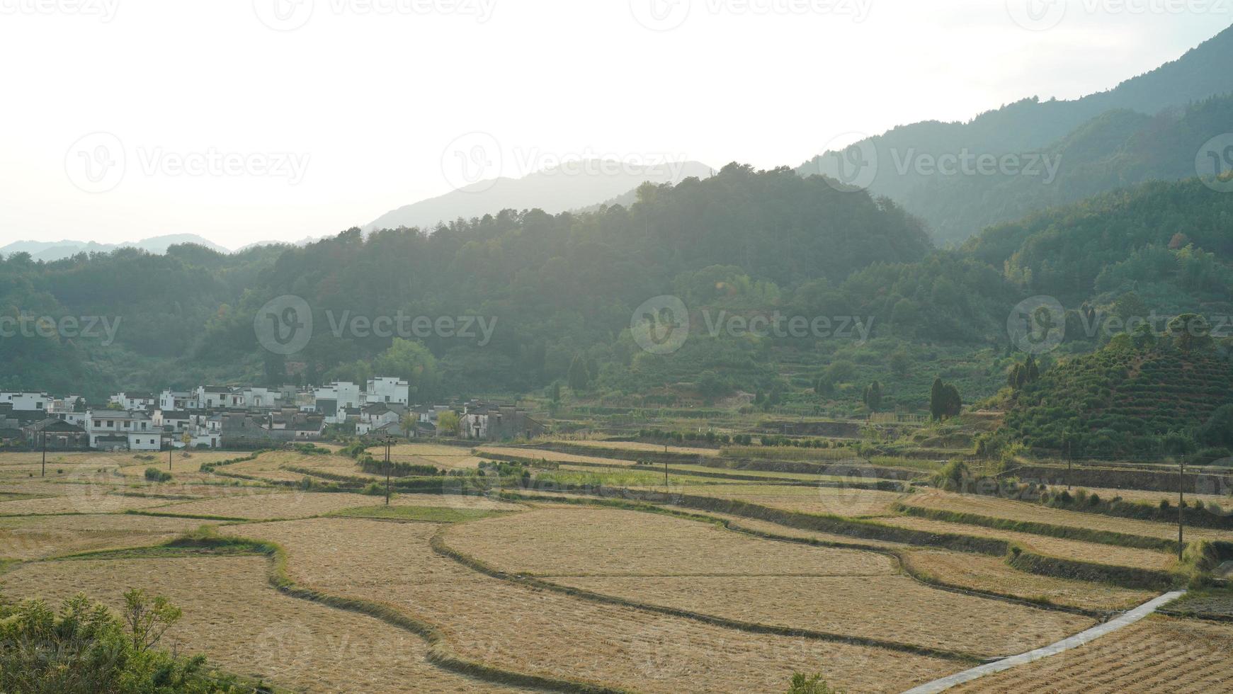 The beautiful traditional Chinese village view with the classical architecture and fresh green trees as background photo