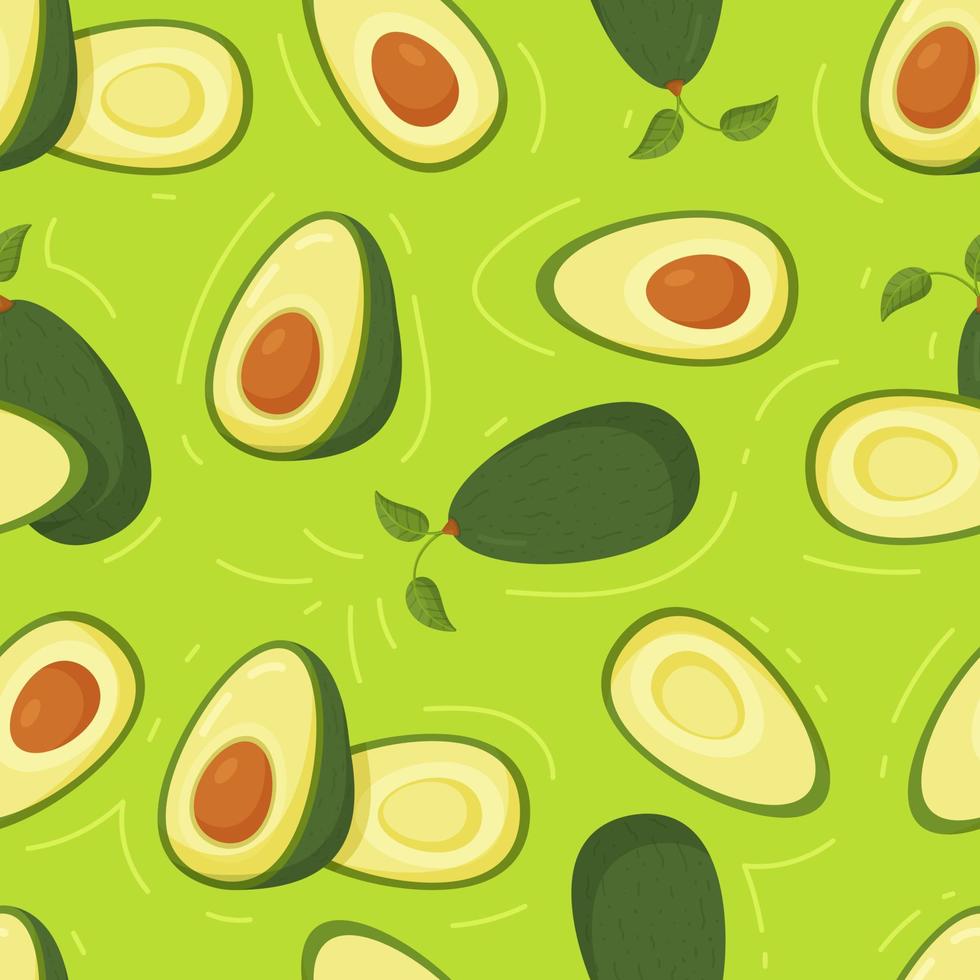 un patrón de aguacate hermoso y vibrante. ilustración vectorial de un patrón impecable de aguacates verdes con y sin pepitas. aguacates enteros y mitades. vector