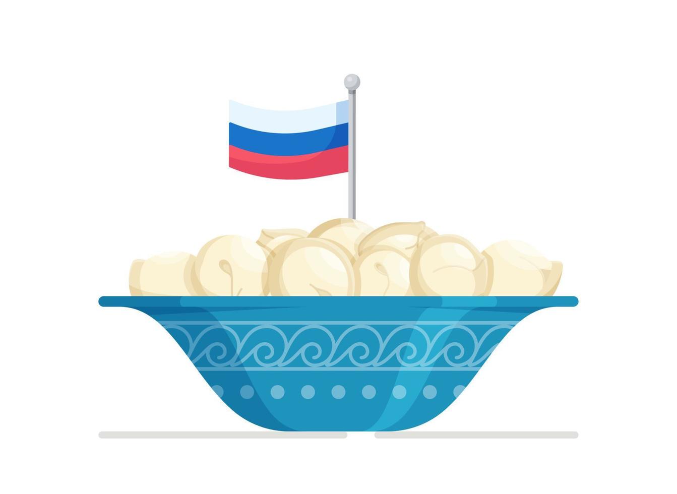 Blue plate of delicious dumplings with the flag of Russia. vector