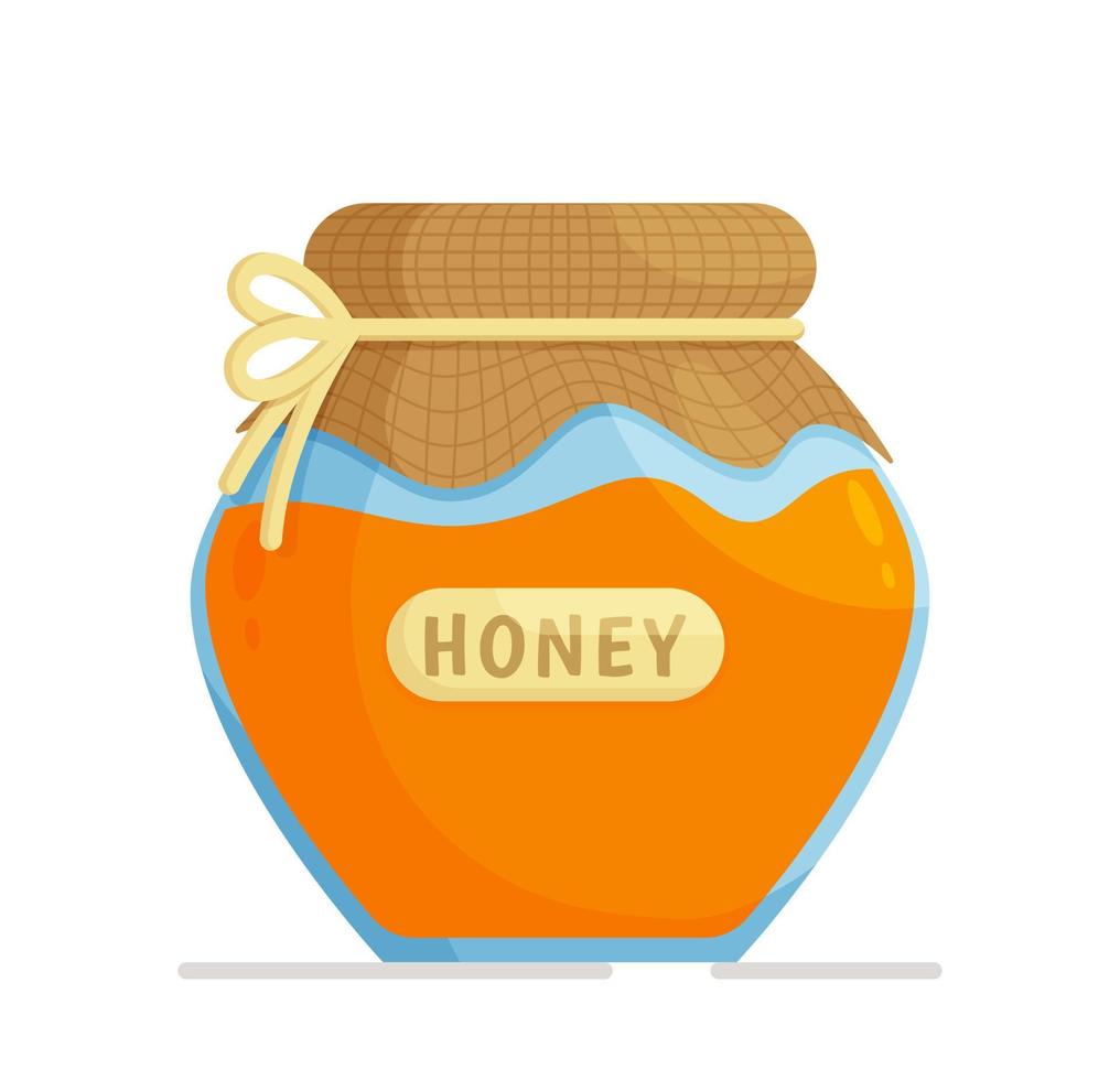 A small jar of homemade honey. Vector illustration of a useful and sweet product. Isolated on white background.
