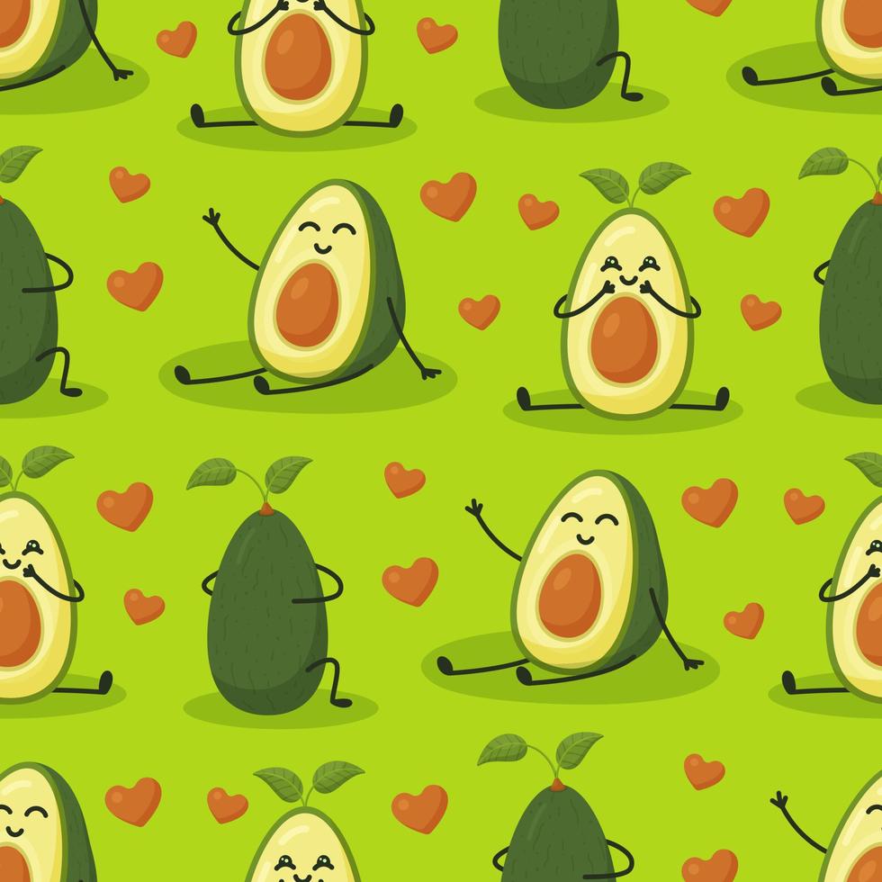 Seamless drawing of avocado couples in love. Vector illustration avocado nice pattern. Cute avocados on green background.