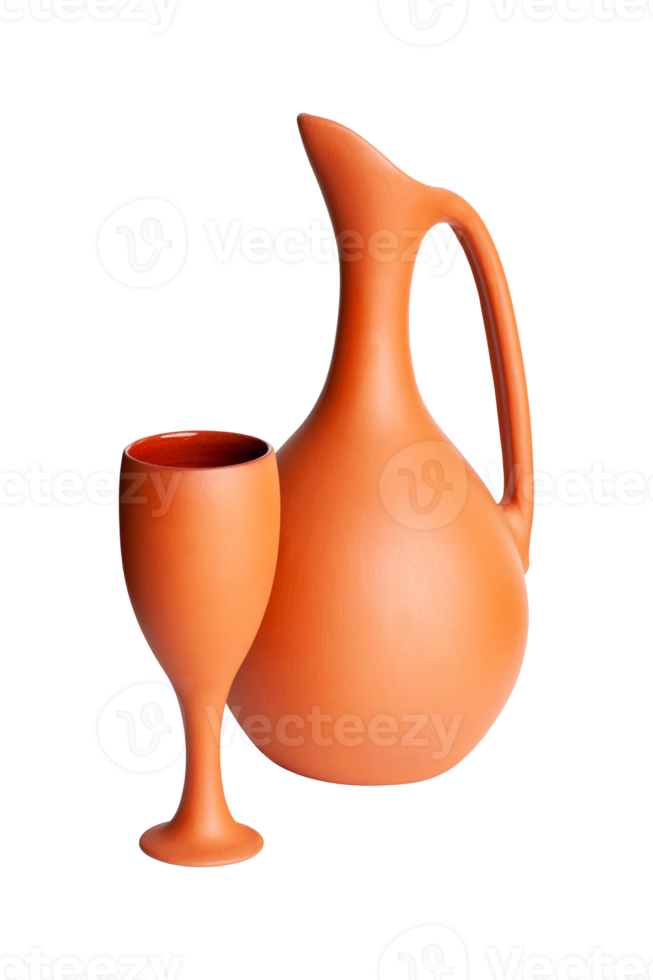 A brown clay jug with a cup isolated on a white background png