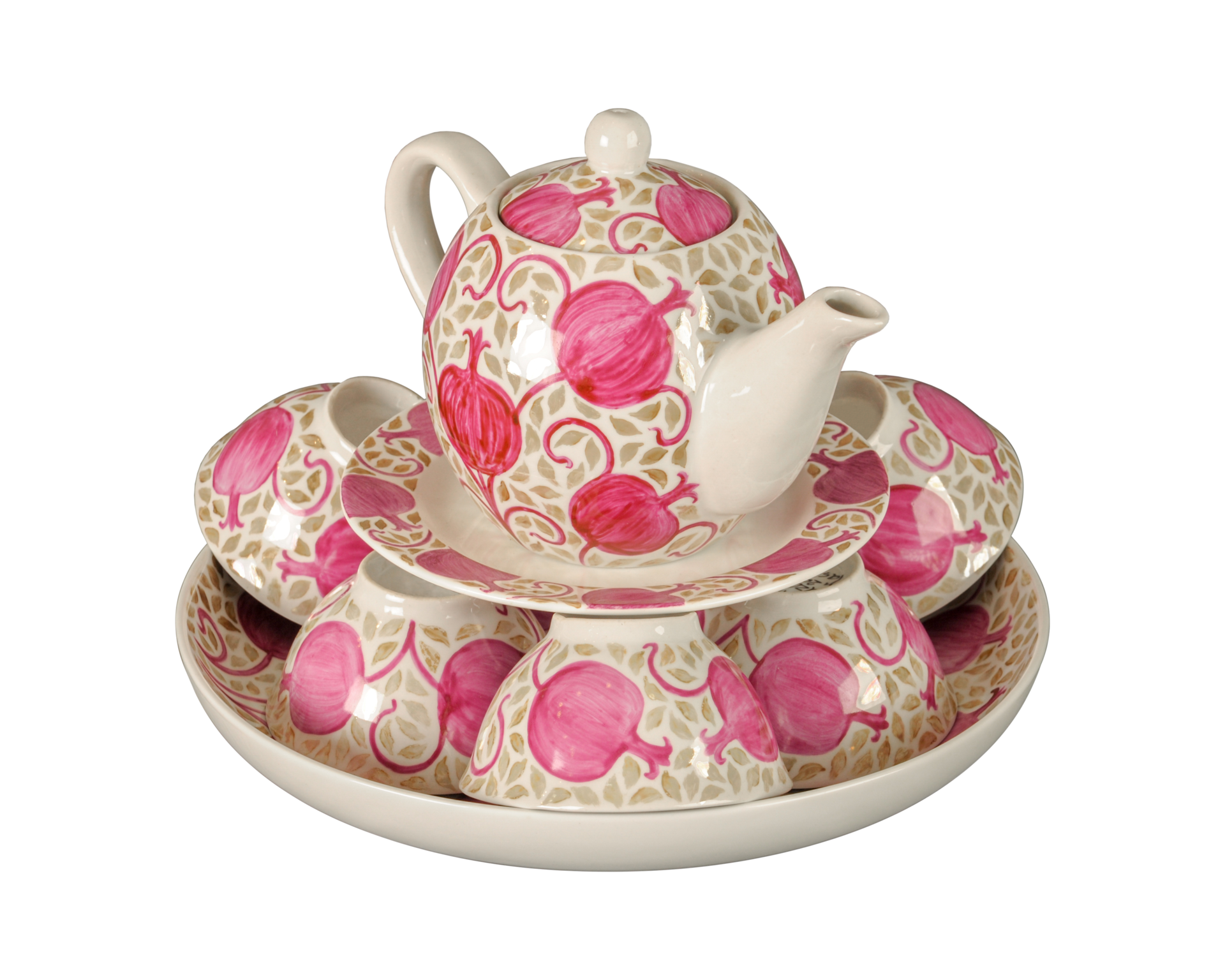 A vintage oriental ceramic teapot and cups isolated on a white