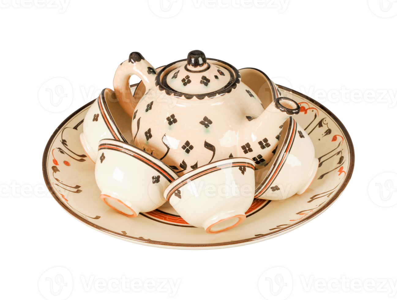 eine Vintage orientalische Teekanne aus Keramik und Tassen, die auf einem weißen Hintergrund isoliert sind png