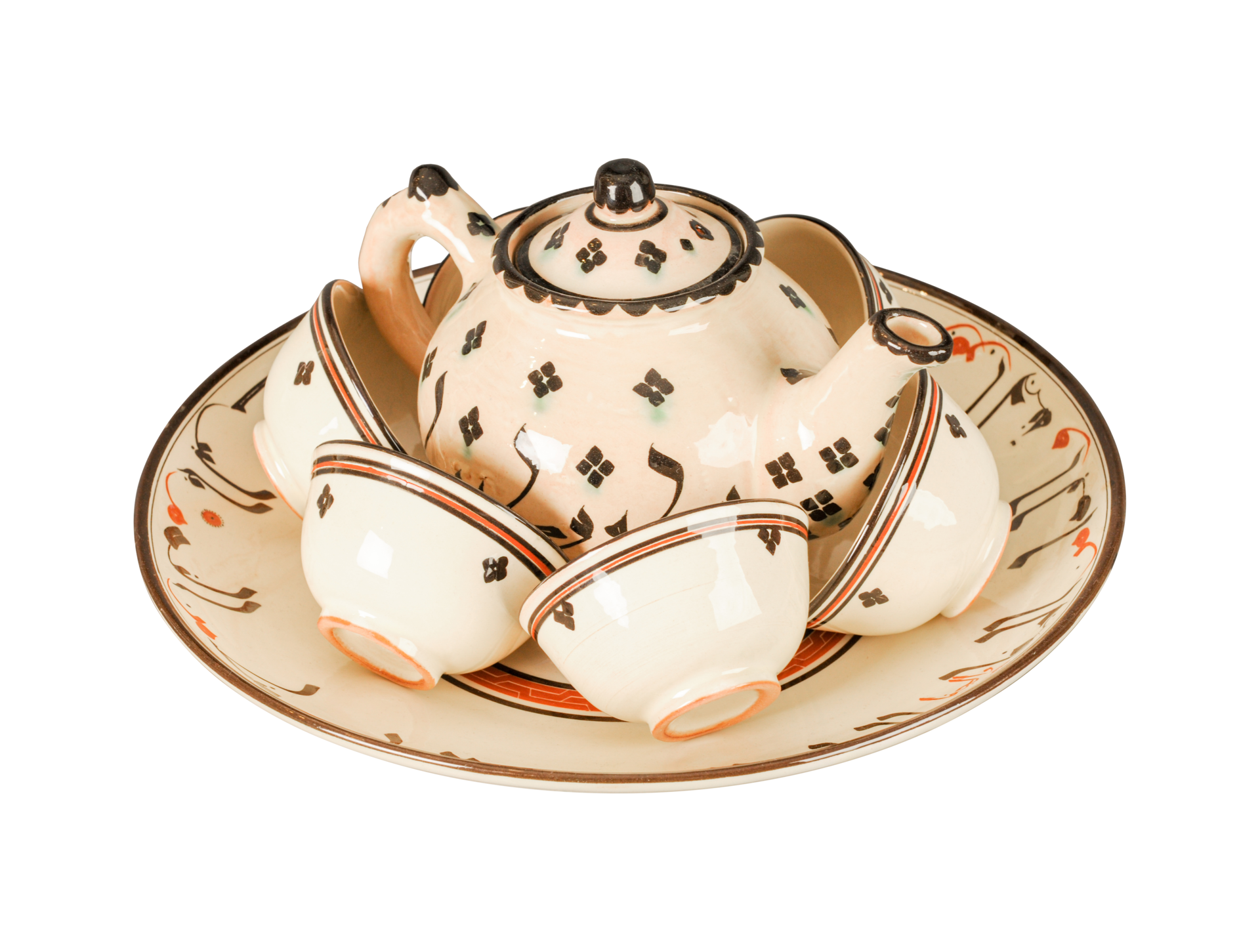 A vintage oriental ceramic teapot and cups isolated on a white