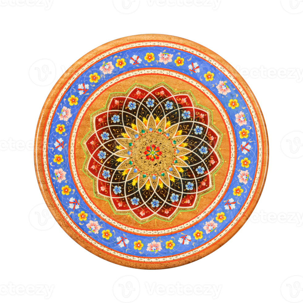 A top view of an oriental ceramic plate with a floral pattern on a white background, Uzbekistan png