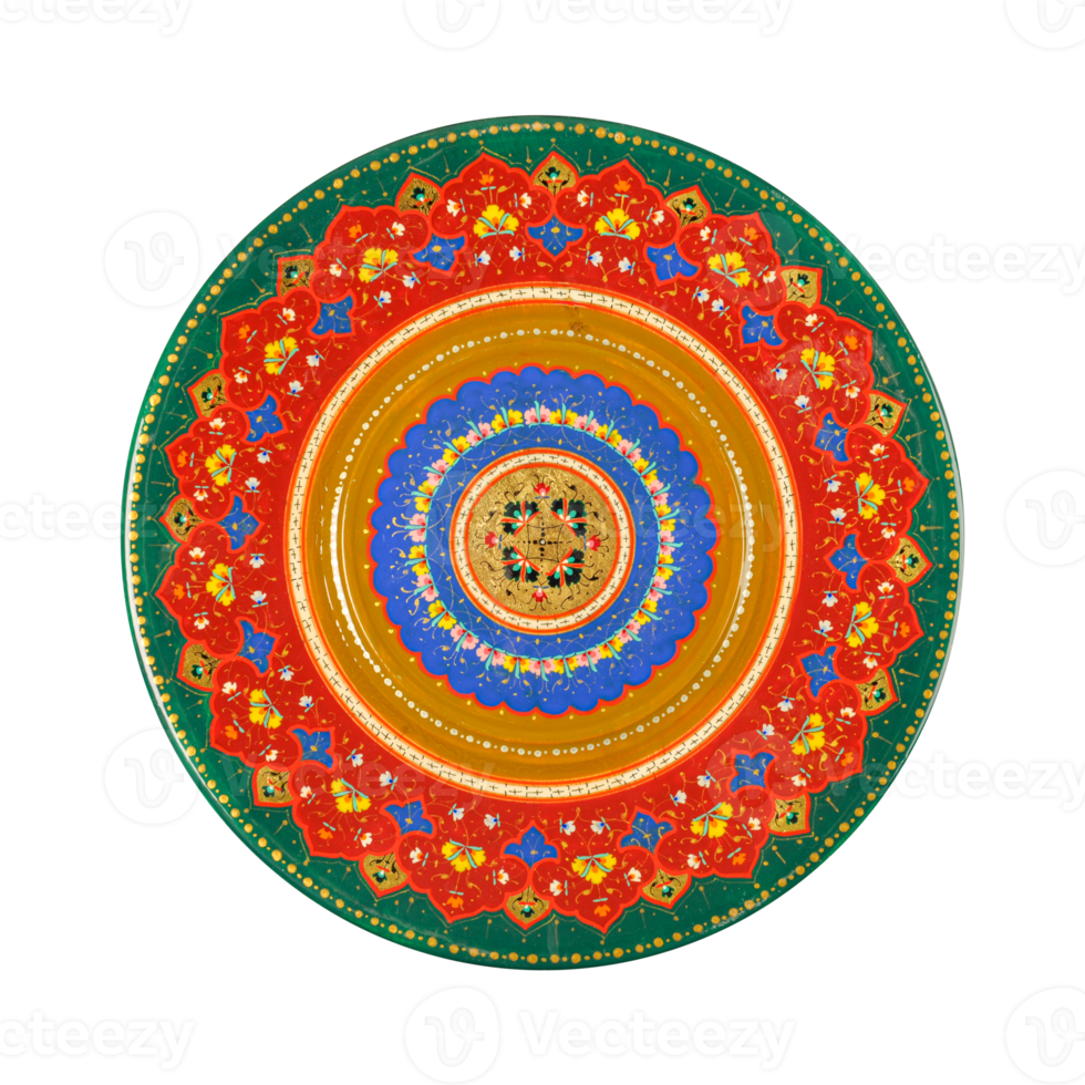 en topp se av ett orientalisk keramisk tallrik med en blommig mönster på en vit bakgrund, uzbekistan png