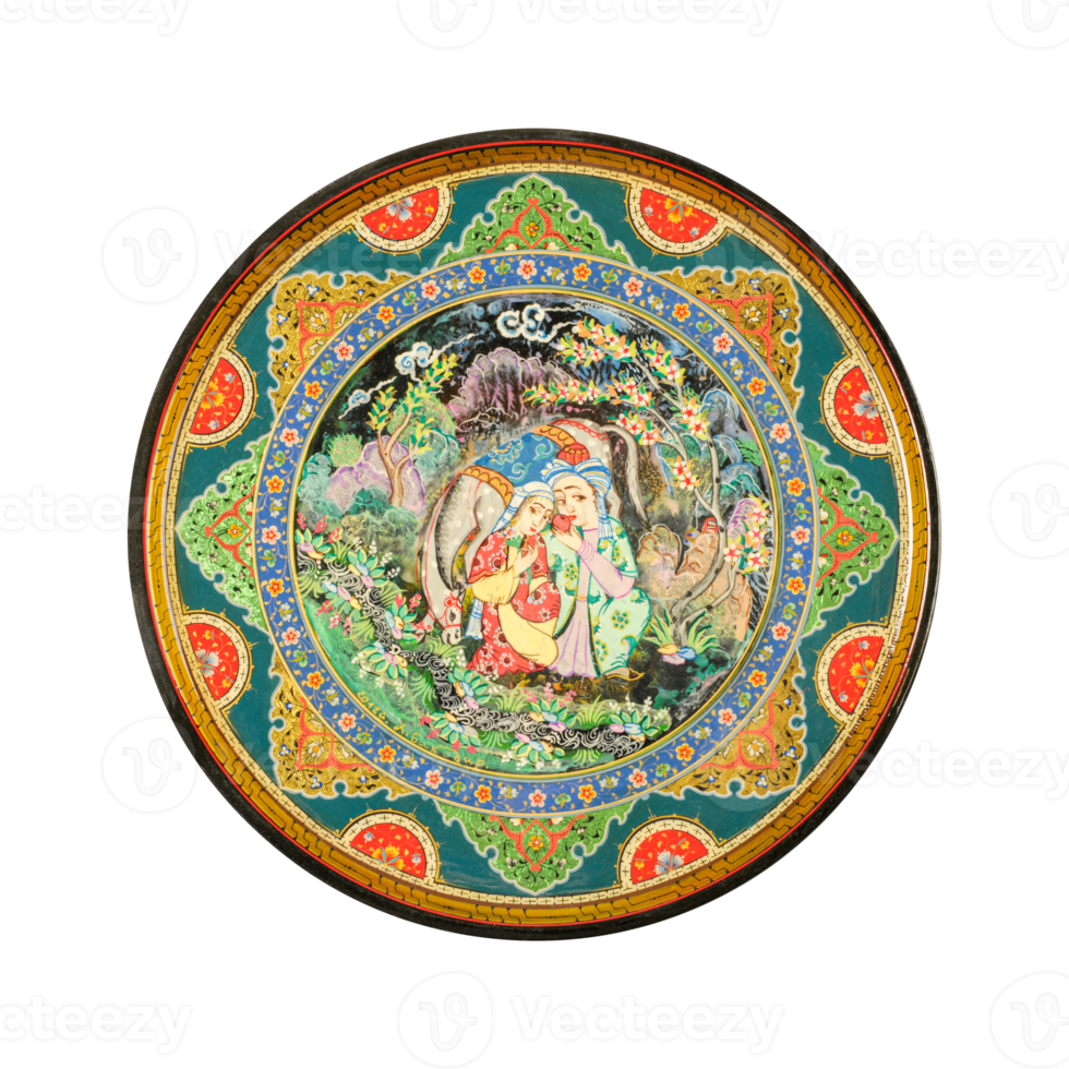 A top view of an oriental ceramic plate with a painting of a couple on a white background, Uzbekistan png