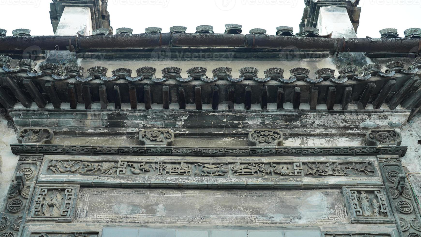 The old wooden Chinese house carved with the beautiful sculpture in the countryside village of the China photo