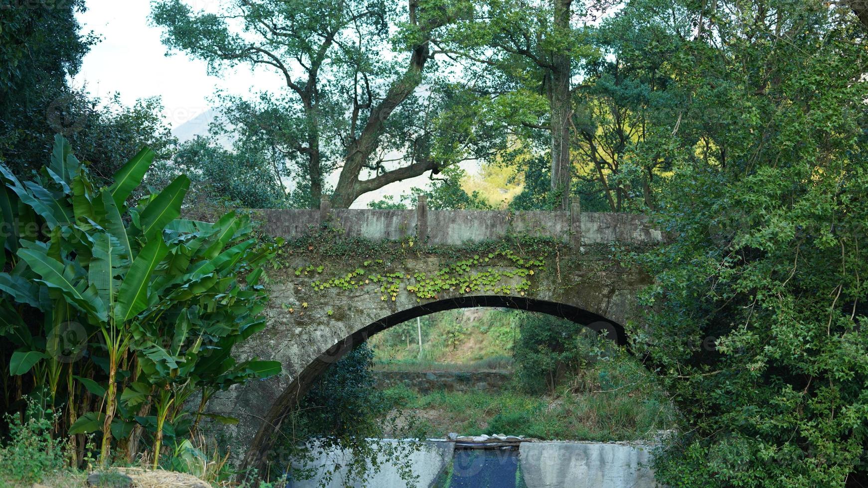 la vista del antiguo puente de piedra arqueado ubicado en el campo de china foto