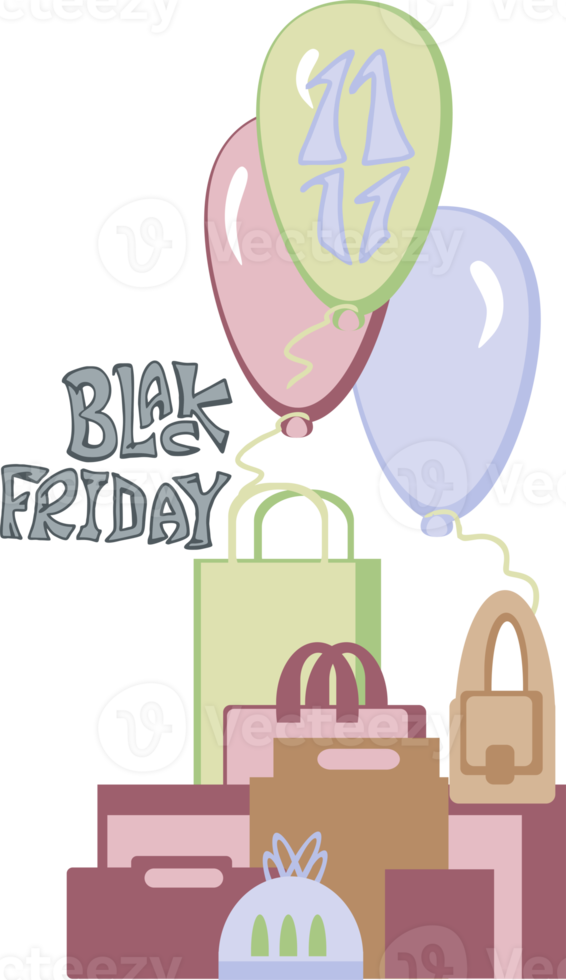 Shopping bags and boxes are stacked next to balloons tied to them. Black Friday. 11 11 png