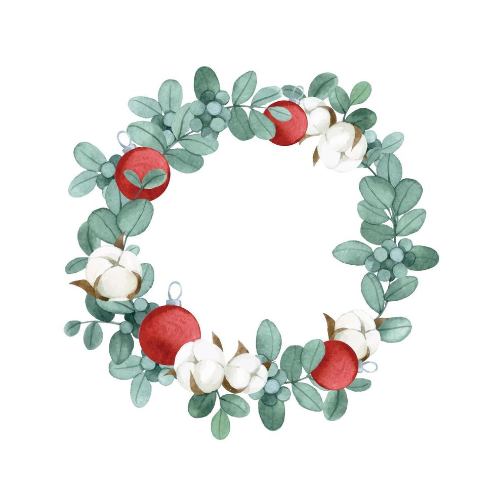 watercolor drawing. christmas wreath of eucalyptus leaves, cotton and christmas red balls. golden frame vector