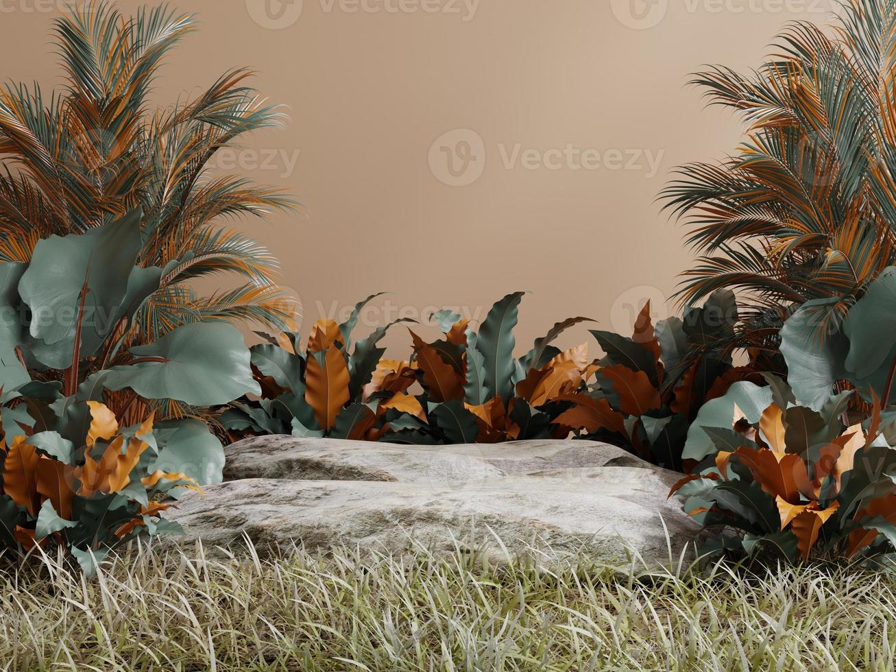 plataforma de piedra en bosque tropical para presentación de productos y fondo pastel. representación de ilustración 3d foto