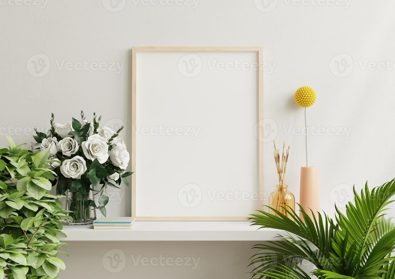 Poster mock up with vertical wood frame in home interior background. 3D illustration rendering photo
