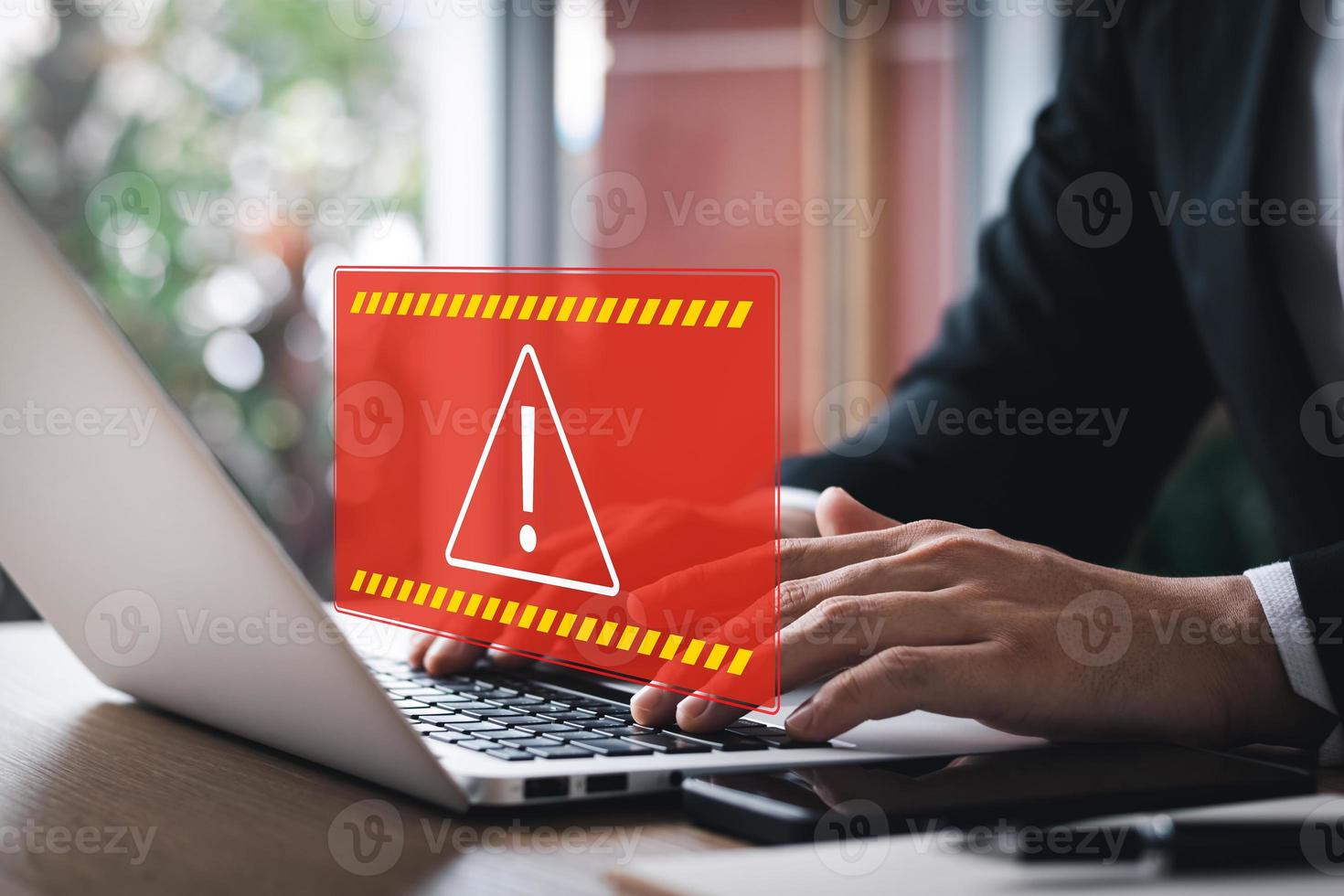 Protection against personal data hacking, exclamation mark Computer virus detected warning, Cybercrime protection. photo