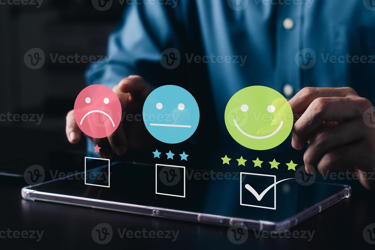 User give rating to service experience on online application, Customer review satisfaction feedback survey concept, Customer can evaluate quality of service leading to reputation ranking of business. photo