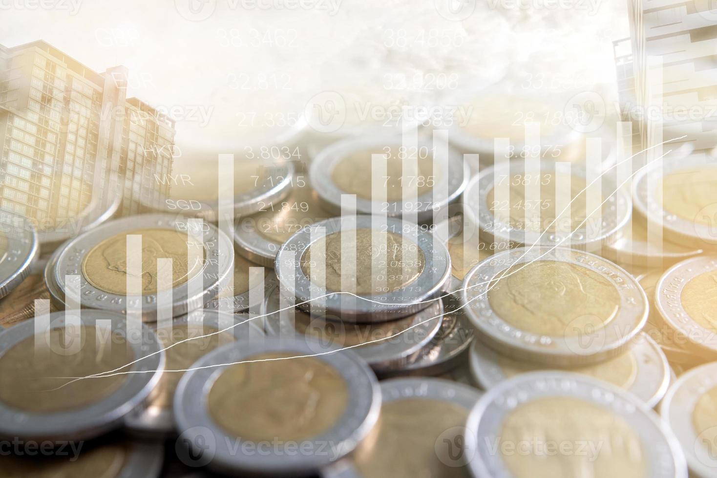 Double exposure of many Thailand coins with, bar graph, and bur background of building. Business, finance, marketing, e-commerce concept and design photo