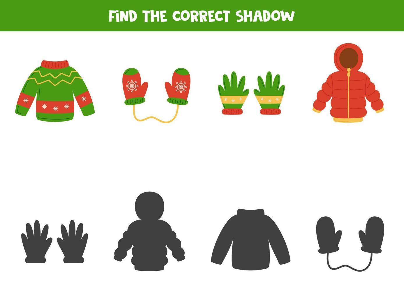 Find the correct shadows of cute winter clothes. Logical puzzle for kids. vector