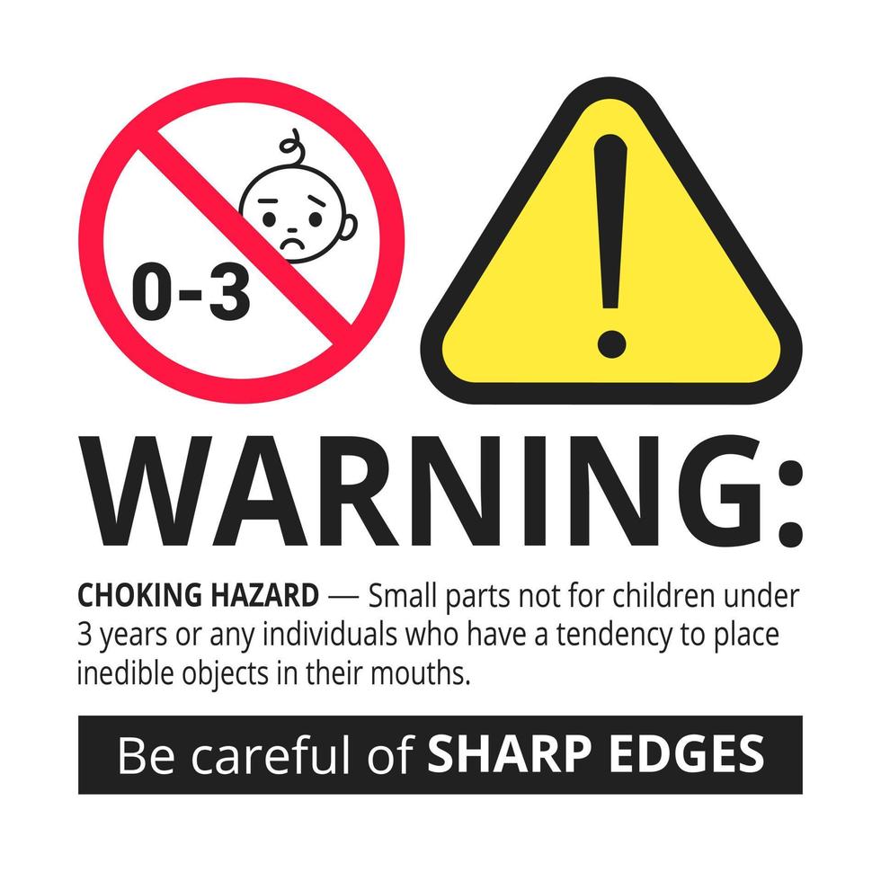 Choking hazard forbidden sign sticker not suitable for children under 3 years isolated on white background vector illustration. Warning triangle, sharp edges and small parts danger.