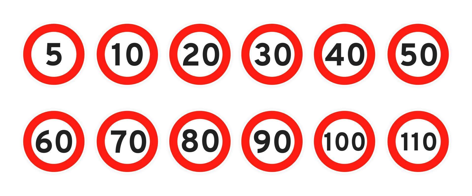 Speed limit 5, 10, 20, 30, 40, 50, 60, 70, 80, 90, 100, 110 round road traffic icon sign flat style design vector illustration set.