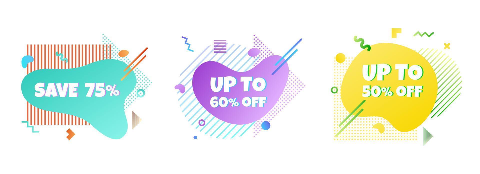 3 Modern liquid abstract special offer price sign save 75, 60, 50 off DISCOUNT set text gradient flat style design fluid vector colorful vector illustration banners or flyer leflet icon.