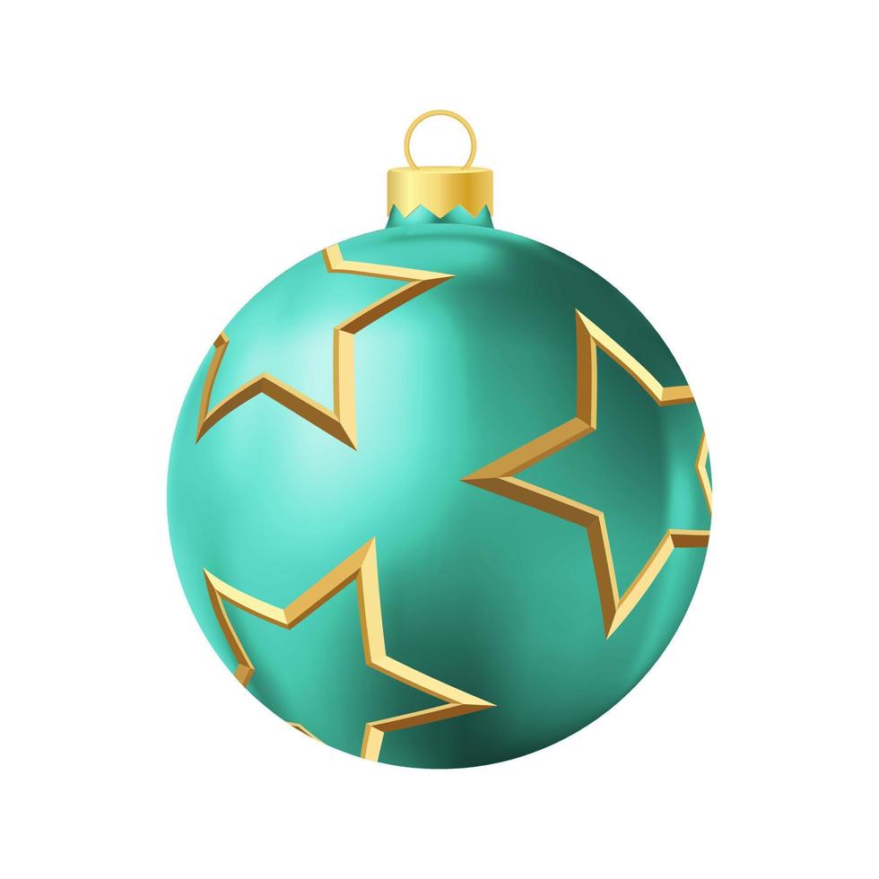 Turquoise Christmas tree toy with golden stars Realistic color illustration vector