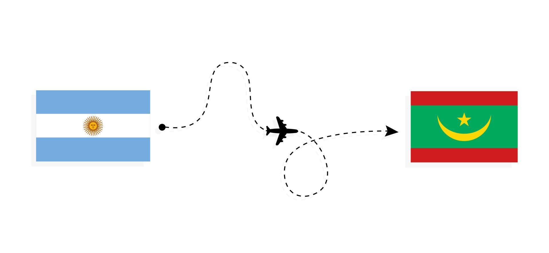 Flight and travel from Argentina to Mauritania by passenger airplane Travel concept vector