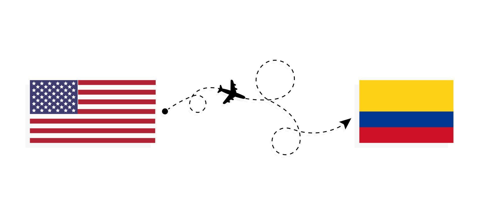 Vuelo y viaje desde EE. UU. a Colombia en avión de pasajeros concepto de viaje vector