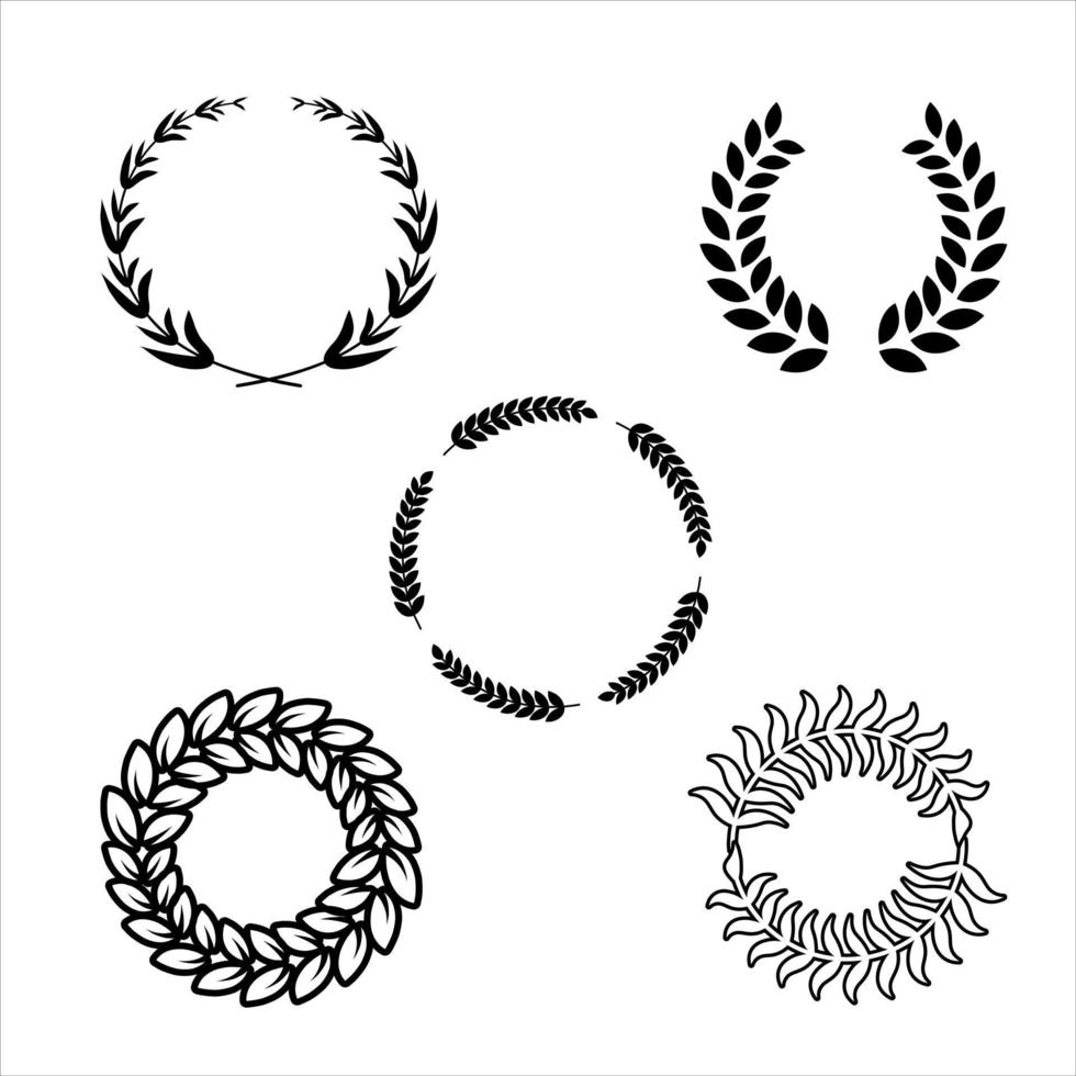 Set of black and white silhouette circular laurel foliate and oak wreaths depicting an award, achievement, heraldry, nobility. Vector illustration.